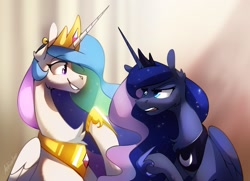 Size: 1567x1132 | Tagged: safe, artist:anticular, princess celestia, princess luna, alicorn, pony, g4, chest fluff, crown, female, jewelry, looking at each other, looking at someone, regalia, siblings, sisters, smiling, unamused