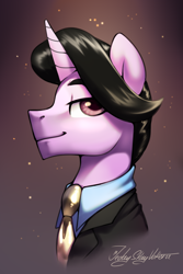 Size: 2000x3000 | Tagged: safe, artist:jedayskayvoker, oc, oc:kid charlemagne, pony, bust, clothes, colored, colored sketch, elegant, eyebrows, full color, gradient background, headshot commission, high res, icon, looking at you, male, necktie, portrait, profile, shiny, shirt, sketch, smiling, smiling at you, solo, sparkles, stallion