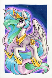Size: 1791x2684 | Tagged: safe, artist:dandy, princess celestia, alicorn, pony, g4, copic, crown, ear fluff, female, flying, high res, hoof shoes, horn, jewelry, looking at you, mare, regalia, slim, smiling, solo, spread wings, stars, traditional art, wings