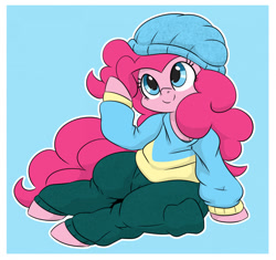 Size: 1280x1204 | Tagged: safe, artist:dendollae, pinkie pie, earth pony, pony, g4, beanie, clothes, female, hat, looking up, mare, pants, sitting, smiling, solo, sweater