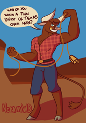 Size: 1900x2700 | Tagged: safe, artist:nokami-wolfdog, texas (tfh), bull, anthro, unguligrade anthro, them's fightin' herds, bell, belt, clothes, cloven hooves, community related, cowbell, denim, flannel, flannel shirt, flexing, jeans, male, muscles, muscular male, palindrome get, pants, signature, smiling, solo, talking to viewer