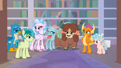 Size: 1600x900 | Tagged: safe, screencap, cozy glow, gallus, ocellus, sandbar, silverstream, smolder, yona, changedling, changeling, classical hippogriff, dragon, earth pony, griffon, hippogriff, pegasus, pony, yak, g4, what lies beneath, bags under eyes, bookshelf, bow, cloven hooves, colored hooves, cozybetes, cute, diaocelles, diastreamies, female, filly, foal, gallabetes, hair bow, hand on hip, jewelry, lidded eyes, monkey swings, necklace, sandabetes, smolderbetes, student six, teenager, tired, yonadorable