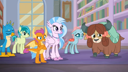 Size: 1600x900 | Tagged: safe, screencap, gallus, ocellus, sandbar, silverstream, smolder, yona, changedling, changeling, classical hippogriff, dragon, earth pony, griffon, hippogriff, pony, yak, g4, what lies beneath, bookshelf, bow, cloven hooves, colored hooves, crossed arms, hair bow, jewelry, monkey swings, necklace, raised eyebrow, student six, tired