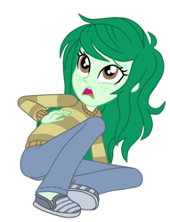 Size: 1500x1960 | Tagged: safe, artist:gmaplay, wallflower blush, human, equestria girls, equestria girls specials, g4, my little pony equestria girls: better together, my little pony equestria girls: forgotten friendship, antagonist, brown eyes, brown sweater, clothes, defeat, defeated, frightened, green hair, green skin, guilty, horrified, looking up, oh no, scared, simple background, sitting, solo, sweater, transparent background, uh oh, villainess