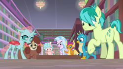 Size: 1278x720 | Tagged: safe, screencap, cozy glow, gallus, ocellus, sandbar, silverstream, smolder, yona, changedling, changeling, classical hippogriff, dragon, earth pony, griffon, hippogriff, pegasus, pony, yak, g4, what lies beneath, bookshelf, bow, butt, female, filly, foal, hair bow, hand on hip, jewelry, monkey swings, necklace, plot, student six, teenager, tired