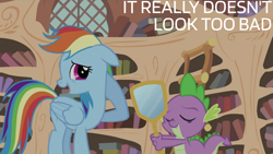 Size: 1920x1080 | Tagged: safe, edit, edited screencap, editor:quoterific, screencap, rainbow dash, spike, dragon, pegasus, pony, g4, it's about time, season 2, duo, female, golden oaks library, male, mare, mirror