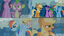 Size: 4400x2475 | Tagged: safe, edit, edited screencap, editor:quoterific, screencap, amethyst star, applejack, bon bon, carrot top, cherry cola, cherry fizzy, coco crusoe, golden harvest, linky, lyra heartstrings, minuette, pokey pierce, ponet, rainbow dash, rainbowshine, shoeshine, sparkler, spike, sweetie drops, twilight sparkle, dragon, earth pony, pony, unicorn, boast busters, g4, season 1, unicorn twilight