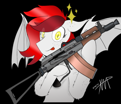 Size: 1207x1037 | Tagged: safe, artist:anonixar, oc, oc:reddthebat, bat pony, pony, aks-74u, bat eyes, bat wings, fanart, gun, spread wings, tongue out, weapon, wings