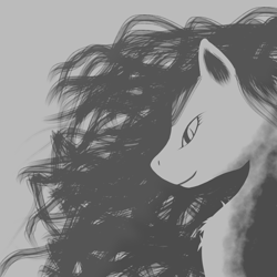 Size: 1280x1280 | Tagged: safe, artist:yerwarrior, oc, oc only, oc:cassie, earth pony, pony, earth pony oc, female, flowing mane, gray background, grayscale, mare, monochrome, rule 63, side view, simple background, smiling, solo