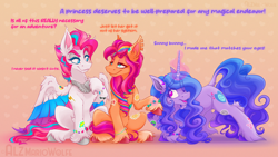 Size: 4644x2612 | Tagged: safe, artist:alzmariowolfe, izzy moonbow, sunny starscout, zipp storm, earth pony, pegasus, pony, unicorn, g5, abstract background, belly, bracelet, chest fluff, colored, colored wings, concave belly, dialogue, ear fluff, female, glowing, glowing horn, gradient hooves, hoof fluff, horn, izzyzipp, jewelry, leg fluff, lesbian, lgbt, magic, mare, multicolored wings, ot3, partially open wings, peytral, physique difference, polyamory, raised hoof, ship:moonscout, shipping, slender, smiling, sticker, stormstarbow, sunnyzipp, talking, thin, trio, unshorn fetlocks, wing fluff, wings