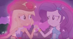 Size: 748x403 | Tagged: safe, screencap, applejack, rarity, human, equestria girls, g4, my little pony equestria girls, bare shoulders, duo, duo female, fall formal outfits, female, looking at each other, looking at someone, sleeveless