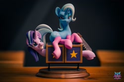 Size: 3000x2000 | Tagged: safe, artist:shuxer59, starlight glimmer, trixie, pony, unicorn, g4, box, box sawing trick, butt, clothes, craft, female, figurine, grin, high res, magic trick, mare, nervous, photo, plot, saw, sculpture, smiling, socks, stockings, thigh highs