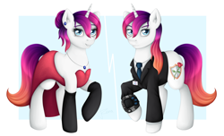 Size: 4100x2500 | Tagged: safe, artist:puggie, oc, oc only, oc:passion, pony, unicorn, clothes, dress, gem, jewelry, pipbuck, sapphire, suit