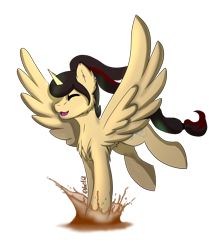 Size: 1534x1835 | Tagged: safe, artist:noxi1_48, oc, oc only, oc:eternal light, alicorn, pony, alicorn oc, eyes closed, horn, jumping, male, open mouth, ponytail, puddle, signature, simple background, solo, splash, spread wings, stallion, tail, transparent background, two toned mane, two toned tail, wings