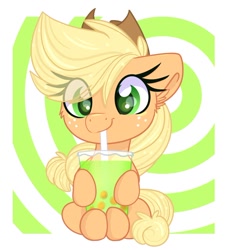Size: 822x909 | Tagged: safe, artist:lbrcloud, part of a set, applejack, pegasus, pony, g4, abstract background, bubble tea, cute, drink, drinking, drinking straw, jackabetes, smiling, solo, straw