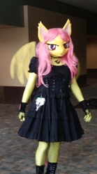 Size: 800x1440 | Tagged: safe, artist:bramble bunny, fluttershy, bat pony, anthro, bronycon, bronycon 2018, g4, bat ponified, clothes, cosplay, costume, fishnet stockings, flutterbat, irl, photo, race swap, solo