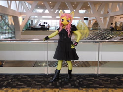 Size: 4608x3456 | Tagged: safe, artist:bramble bunny, fluttershy, bat pony, human, anthro, bronycon, bronycon 2018, g4, baltimore convention center, bat ponified, boots, clothes, cosplay, costume, fishnet stockings, flutterbat, high heel boots, irl, irl human, photo, race swap, shoes