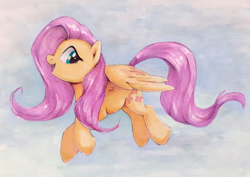 Size: 1280x904 | Tagged: safe, artist:thebowtieone, fluttershy, pegasus, pony, g4, aside glance, eyelashes, female, flying, looking at you, mare, open mouth, open smile, outdoors, profile, smiling, solo, spread wings, traditional art, wings