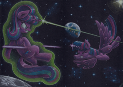 Size: 4930x3490 | Tagged: safe, artist:xeviousgreenii, starlight glimmer, twilight sparkle, alicorn, earth pony, pony, g4, absurd file size, absurd resolution, blast, female, fight, magic, magic blast, mare, space, traditional art, twilight sparkle (alicorn)