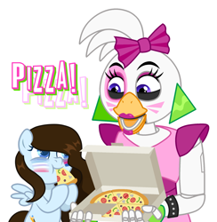 Size: 2000x2050 | Tagged: safe, artist:lunxaiponi, oc, oc:krissy, bird, chicken, pegasus, pony, robot, animatronic, bigender, bigender pride flag, bisexual pride flag, bow, chica, commission, crossover, duo, ear piercing, earring, eating, face paint, female, five nights at freddy's, five nights at freddy's: security breach, food, hair bow, high res, jewelry, open mouth, piercing, pizza, pizza box, pride, pride flag, simple background, spiked wristband, white background, wristband, ych result