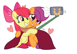 Size: 3158x2222 | Tagged: safe, artist:cheekycheesefan101, artist:idkhesoff, apple bloom, scootaloo, earth pony, pegasus, pony, g4, adorabloom, apple bloom's bow, base used, bow, cape, cellphone, clothes, cute, cutealoo, duo, female, grin, hair bow, heart, high res, hug, lesbian, mare, older, older apple bloom, older scootaloo, phone, scarf, selfie, selfie stick, shared clothing, shared scarf, ship:scootabloom, shipping, simple background, smartphone, smiling, socks, the cmc's cutie marks, transparent background