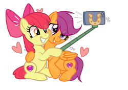 Size: 3158x2222 | Tagged: safe, alternate version, artist:cheekycheesefan101, artist:idkhesoff, apple bloom, scootaloo, earth pony, pegasus, pony, g4, adorabloom, apple bloom's bow, base used, bow, cellphone, cute, cutealoo, duo, female, grin, hair bow, heart, high res, hug, lesbian, mare, older, older apple bloom, older scootaloo, phone, selfie, selfie stick, ship:scootabloom, shipping, simple background, smartphone, smiling, the cmc's cutie marks, transparent background