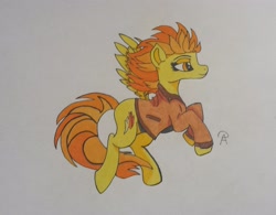 Size: 2563x1998 | Tagged: safe, artist:eclipse flower, spitfire, pegasus, pony, g4, clothes, flying, lidded eyes, simple background, smiling, solo, traditional art, white background