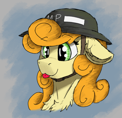 Size: 1908x1844 | Tagged: safe, artist:reddthebat, carrot top, golden harvest, earth pony, pony, :3, :p, bust, chest fluff, ear fluff, female, helmet, mare, military police, solo, tongue out, world war i