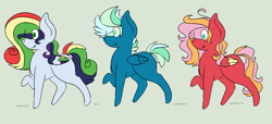 Size: 1296x592 | Tagged: safe, artist:batty116, oc, oc only, pegasus, pony, base used, colored wings, eye clipping through hair, multicolored hair, multicolored wings, offspring, parent:big macintosh, parent:fluttershy, parent:rainbow dash, parent:sky stinger, parent:soarin', parent:vapor trail, parents:fluttermac, parents:soarindash, parents:vaporsky, pegasus oc, rainbow hair, rainbow wings, raised hoof, smiling, trio, wings