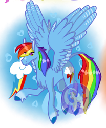 Size: 411x497 | Tagged: safe, artist:luna_mcboss, rainbow dash, pegasus, pony, g4, blue background, blue coat, chest fluff, coat markings, facial markings, feathered wings, female, fetlock tuft, floating, flying, hooves, long legs, long tail, magenta eyes, multicolored hair, rainbow hair, raised hoof, simple background, socks (coat markings), solo, spread wings, star (coat marking), tail, watermark, wings