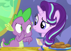 Size: 950x680 | Tagged: safe, screencap, spike, starlight glimmer, dragon, pony, unicorn, g4, triple threat, cropped, duo, female, male, mare, out of context, pointing, raised eyebrow