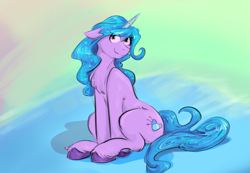 Size: 1255x866 | Tagged: safe, artist:testostepone, izzy moonbow, pony, unicorn, g5, abstract background, colored sketch, female, mare, smiling, solo, unshorn fetlocks