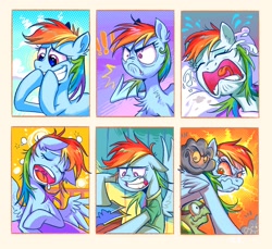 Size: 2048x1878 | Tagged: safe, artist:千雲九枭, idw, rainbow dash, tank, dreary, pegasus, pony, tortoise, friendship is magic #41, g4, read it and weep, tanks for the memories, angry, chest fluff, colored, covering mouth, crying, digital art, do i look angry, drool, exclamation point, faic, female, goggles, grin, male, mare, rainbow dash is best facemaker, sadbow dash, sleeping, smiling, snoring