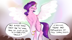 Size: 1571x876 | Tagged: safe, artist:testostepone, pipp petals, pegasus, pony, g5, colored sketch, colored wings, crowd, crown, dialogue, eye clipping through hair, eyebrows, eyebrows visible through hair, female, female focus, headband, jewelry, mare, microphone, open mouth, open smile, regalia, smiling, solo focus, speech bubble, spread wings, unshorn fetlocks, wings