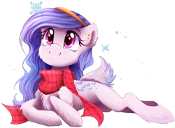 Size: 2564x1868 | Tagged: safe, artist:meotashie, oc, oc only, pony, chest fluff, clothes, female, scarf, simple background, smiling, solo, transparent background