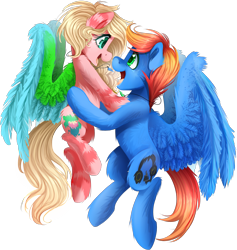 Size: 1800x1900 | Tagged: safe, artist:meotashie, oc, oc only, pegasus, pony, cute, duo, female, happy, male, oc x oc, open mouth, pegasus oc, shipping, simple background, straight, transparent background