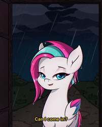 Size: 1200x1494 | Tagged: safe, artist:ravenirik, zipp storm, pegasus, pony, g5, adorazipp, cute, dialogue, female, looking at you, mare, rain, solo, wet, wet mane, wet mane zipp storm