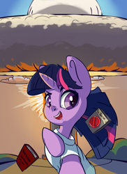 Size: 1437x1971 | Tagged: safe, artist:i love hurt, twilight sparkle, pony, unicorn, g4, book, explosion, female, looking at you, mare, nuclear explosion, red button, selfie, solo