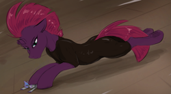 Size: 1543x845 | Tagged: safe, artist:testostepone, tempest shadow, oc, oc:verlo streams, pony, unicorn, g4, my little pony: the movie, female, fetish, flattened, giantess, macro, macro/micro, micro, shrunk, size difference, step on me commandommy, tight clothing