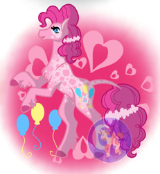 Size: 436x471 | Tagged: safe, artist:luna_mcboss, pinkie pie, earth pony, pony, g4, appaloosa, blue eyes, chest fluff, coat markings, female, fetlock tuft, flank, heart, heart background, hooves, long legs, long tail, pink background, pink coat, pink hair, rearing, simple background, solo, tail