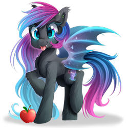 Size: 1900x1900 | Tagged: safe, artist:meotashie, oc, oc only, bat pony, pony, apple, bat pony oc, concave belly, female, fluffy, food, raised hoof, raised leg, simple background, slender, solo, thin, tongue out, transparent background