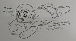 Size: 2275x1225 | Tagged: safe, artist:pony quarantine, oc, oc only, oc:anon-mare, earth pony, pony, crying, dialogue, female, floppy ears, freckles, grayscale, implied exercise, lying down, mare, monochrome, prone, requested art, sploot, sweat