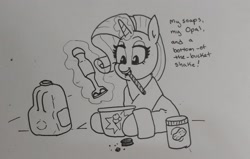 Size: 2048x1300 | Tagged: safe, artist:pony quarantine, rarity, pony, unicorn, g4, bathrobe, clothes, cookie, dialogue, female, food, grayscale, ice cream, immersion blender, mare, milk, monochrome, mouth hold, oreo, peanut butter, requested art, robe, singing, solo, traditional art