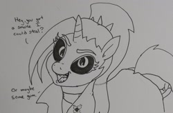 Size: 2048x1344 | Tagged: safe, artist:pony quarantine, oc, oc only, oc:dyx, alicorn, pony, black sclera, dialogue, female, filly, foal, grayscale, monochrome, open mouth, requested art, solo, talking to viewer, traditional art