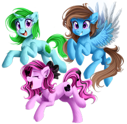 Size: 2000x1950 | Tagged: safe, artist:meotashie, oc, oc only, earth pony, pegasus, pony, unicorn, concave belly, earth pony oc, female, horn, open mouth, pegasus oc, simple background, slender, smiling, thin, transparent background, trio, unicorn oc