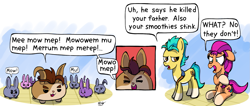 Size: 2115x894 | Tagged: safe, artist:ebbysharp, hitch trailblazer, marcel, sunny starscout, earth pony, pony, rabbit, g5, my little pony: a maretime bay adventure, :3, :o, >:), animal, blaze (coat marking), coat markings, cross-popping veins, dialogue, exclamation point, facial markings, fangs, female, floppy ears, funny, implied argyle starshine, male, mare, offended, open mouth, open smile, smiling, socks (coat markings), speech bubble, stallion, tongue out