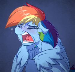 Size: 2424x2328 | Tagged: safe, artist:witchtaunter, rainbow dash, pegasus, pony, chest fluff, crying, ear fluff, eyebrows, eyebrows visible through hair, eyes closed, female, floppy ears, frown, gradient background, high res, mare, open mouth, partially open wings, sad, screaming, solo, teary eyes, teeth, wings