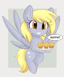 Size: 2000x2400 | Tagged: safe, artist:illusion, derpy hooves, pegasus, pony, g4, background pony, bronybait, cute, derpabetes, female, flying, food, high res, mare, muffin, plate, smiling, solo, underp