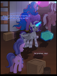 Size: 6000x8000 | Tagged: safe, artist:sinrinf, cookie crumbles, oc, oc:king speedy hooves, oc:princess mythic majestic, oc:queen galaxia (bigonionbean), alicorn, pony, unicorn, g4, alicorn oc, boxes, comic, comic sans, commission, commissioner:bigonionbean, fusion, fusion:big macintosh, fusion:flash sentry, fusion:princess cadance, fusion:princess celestia, fusion:princess luna, fusion:shining armor, fusion:trouble shoes, fusion:twilight sparkle, glowing, glowing horn, horn, wings