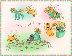 Size: 2048x1604 | Tagged: safe, artist:katputze, oc, oc only, oc:bee, oc:flower, bee pony, earth pony, original species, pony, anthro, bad teeth, butt, eyes on the prize, female, floating heart, flower, flying, heart, hug, looking back, male, mare, oc x oc, open mouth, open smile, plot, shipping, smiling, stallion, tongue out, watering can